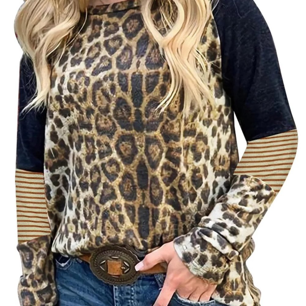 Leopard Striped Splicing Long Sleeve Tee - Picture 2 of 11